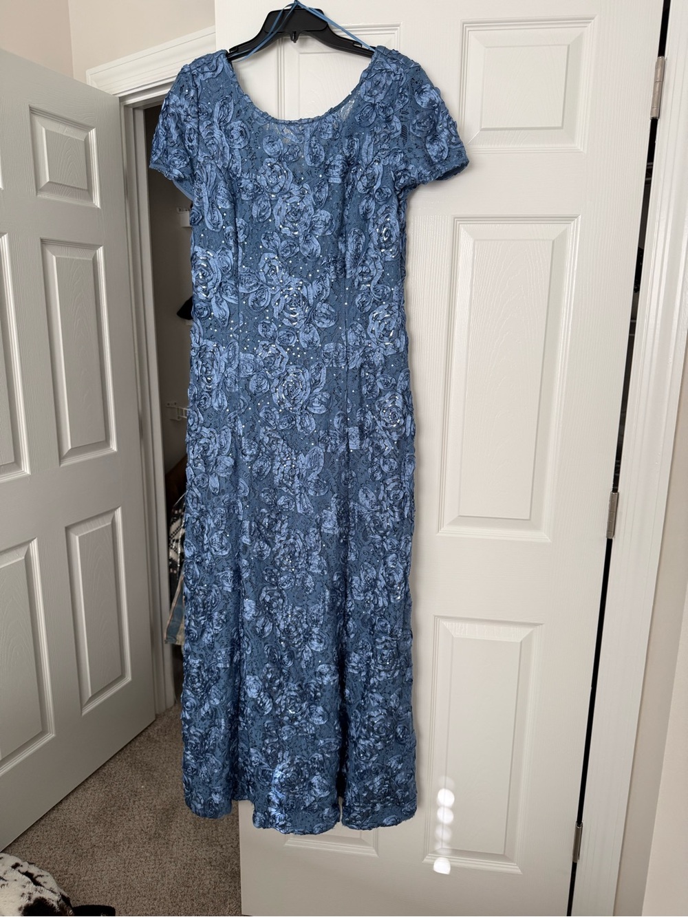 Alex Evenings Size 14 Blue Floral Appliqué Sequin Formal Gown